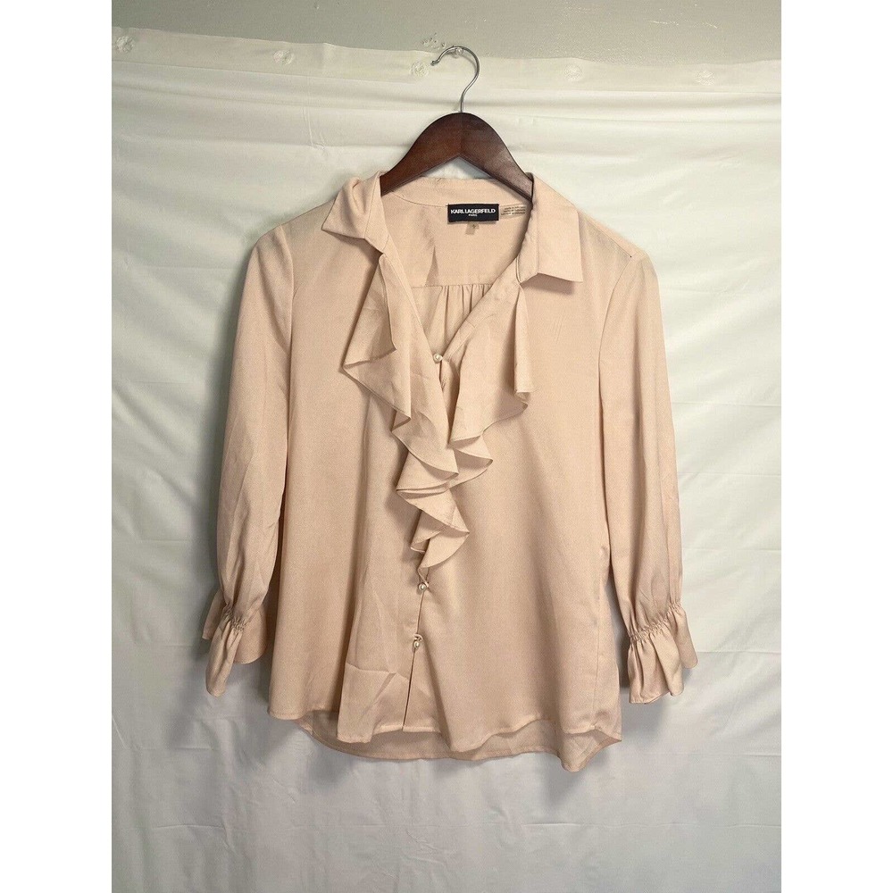 Karl‎ Lagerfield Paris Women’s Ruffled V-neck Pearl Button Up Top Pink Sz Small